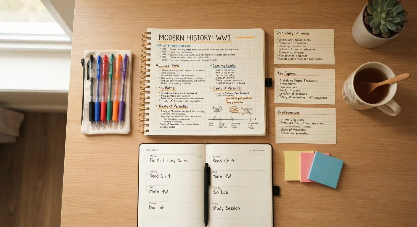 Overhead view of an organized study desk with a notebook, planner, index cards, and pens arranged neatly.