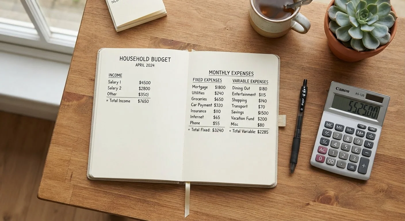 Open budget notebook on a desk with two columns of expenses, pen, and calculator