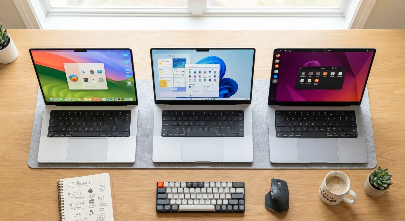 Three laptops showing different operating system interfaces side by side on a desk