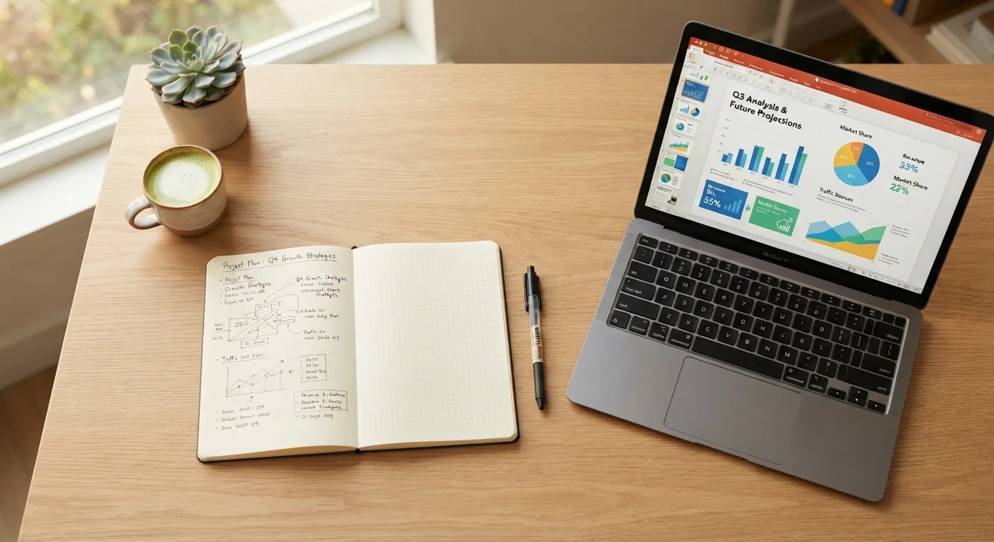 Organized desk with notebook, pen, and laptop showing learning diagrams in warm light