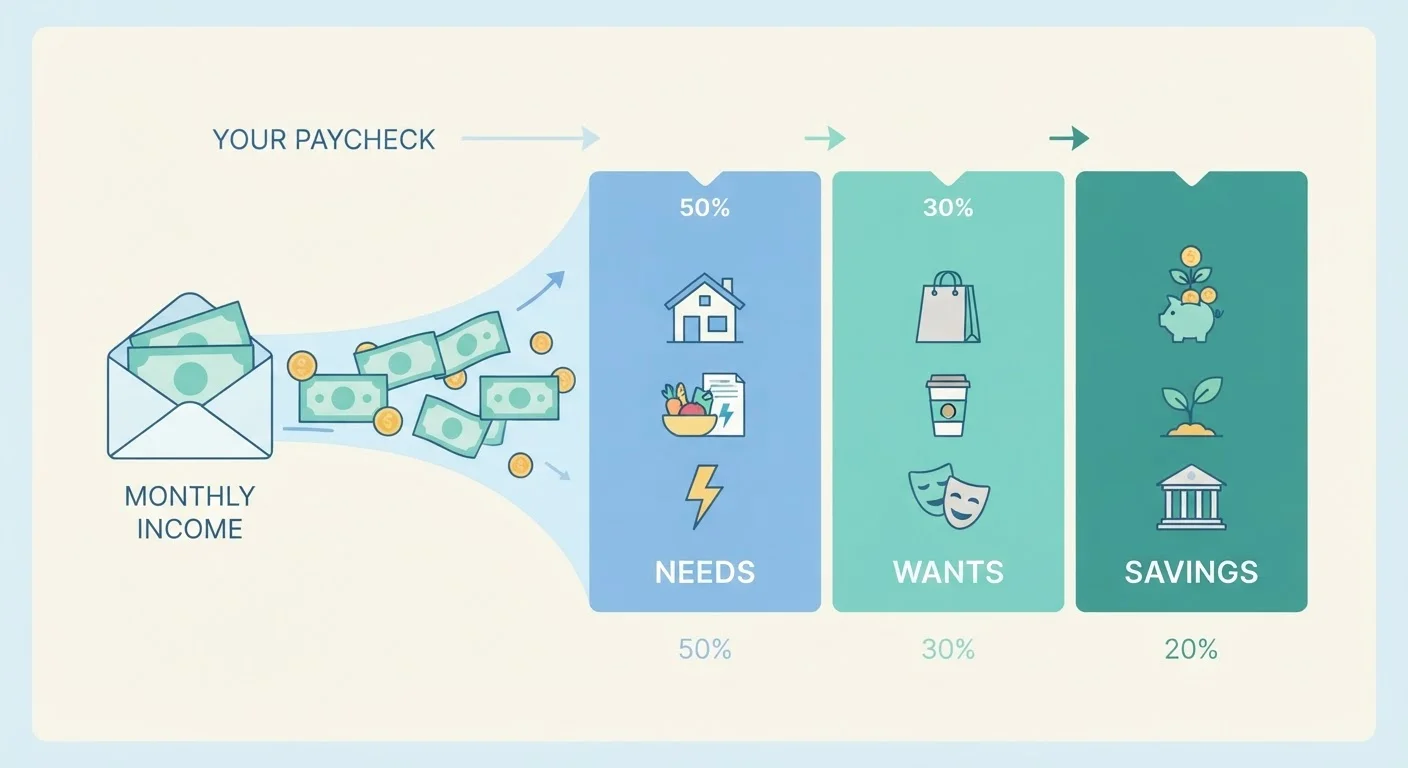A paycheck divided into three labeled sections representing needs, wants, and savings