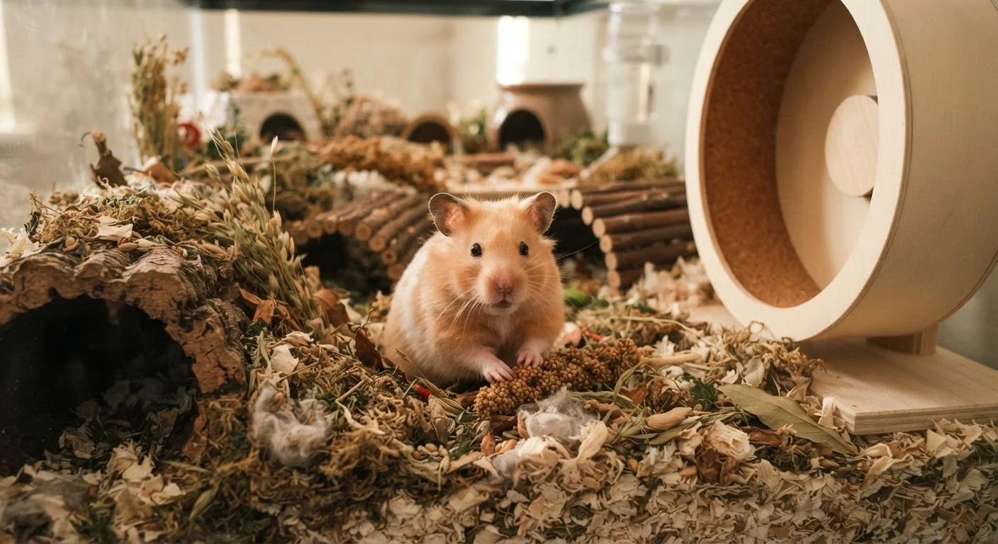 A golden Syrian hamster resting in a deep-bedded enclosure with a large exercise wheel.