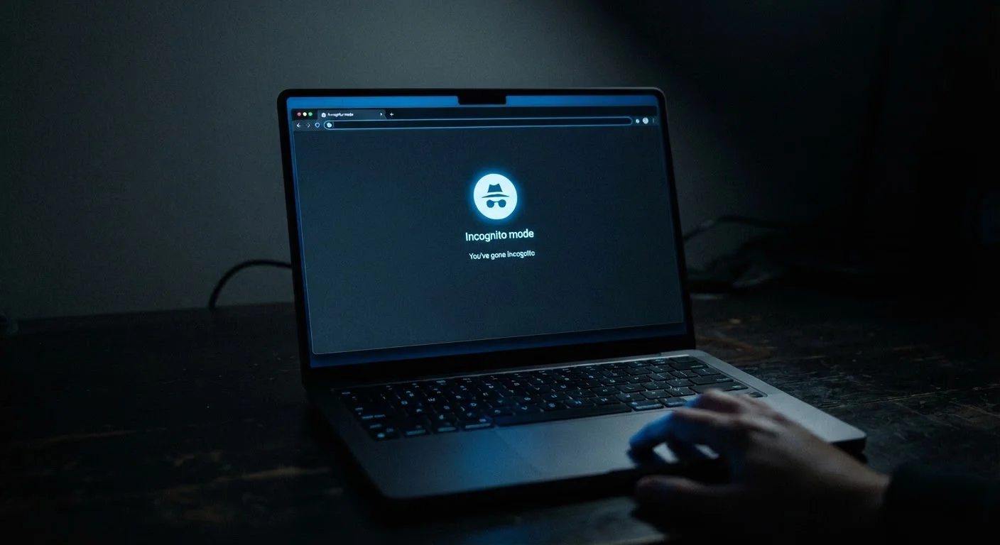 Laptop displaying an incognito browser window icon in a dimly lit room