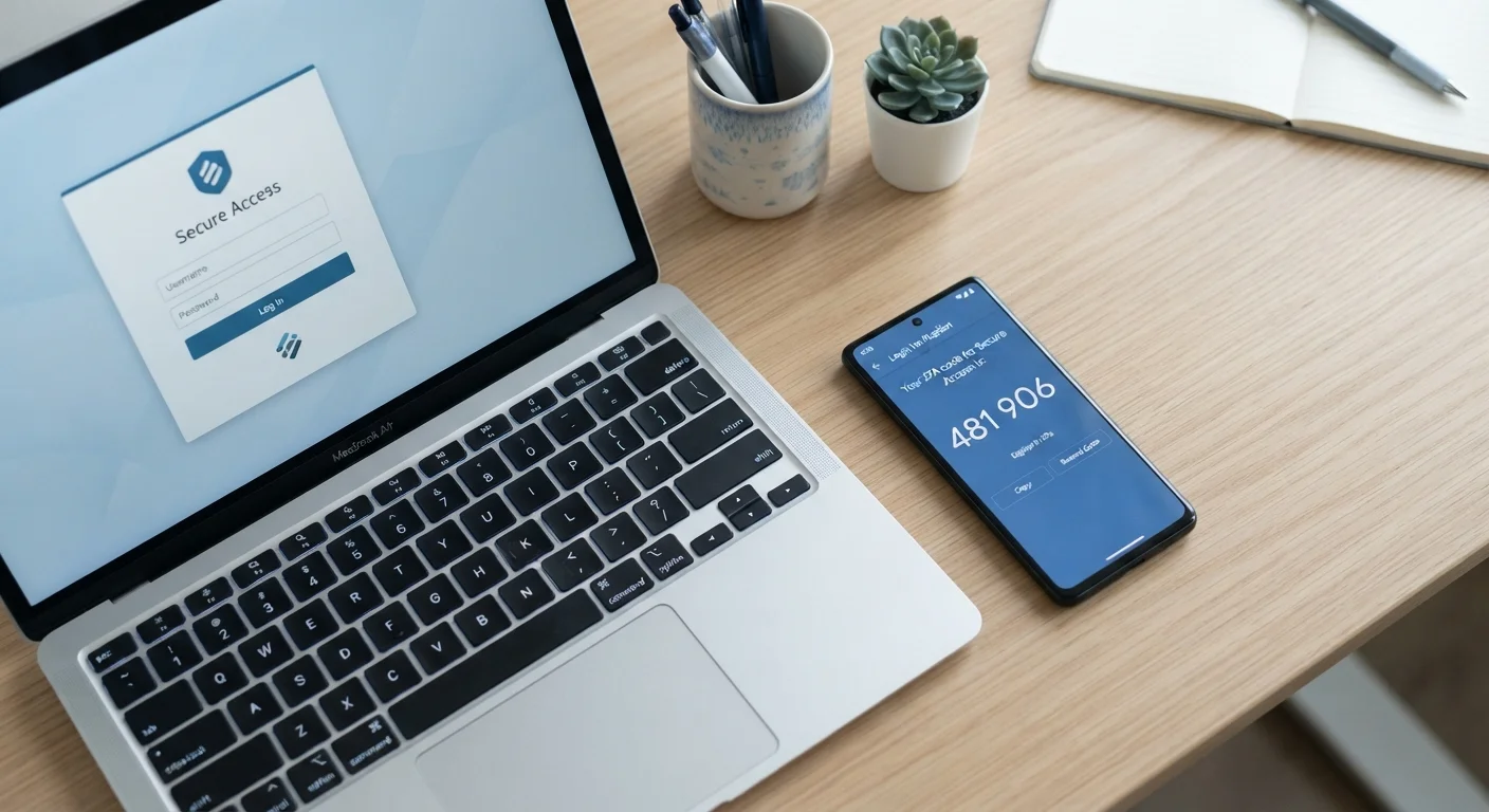 Smartphone showing a two-factor authentication code next to a laptop login screen