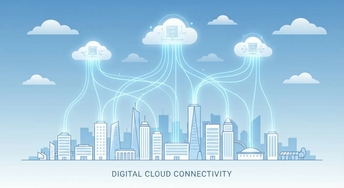 Illustration of digital data flowing from buildings up to clouds in the sky