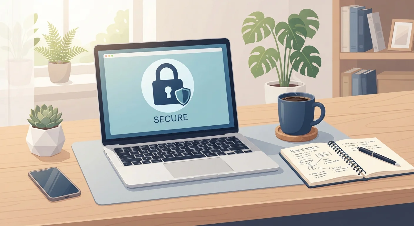 A laptop displaying a lock icon on a clean desk with a notebook and coffee cup nearby